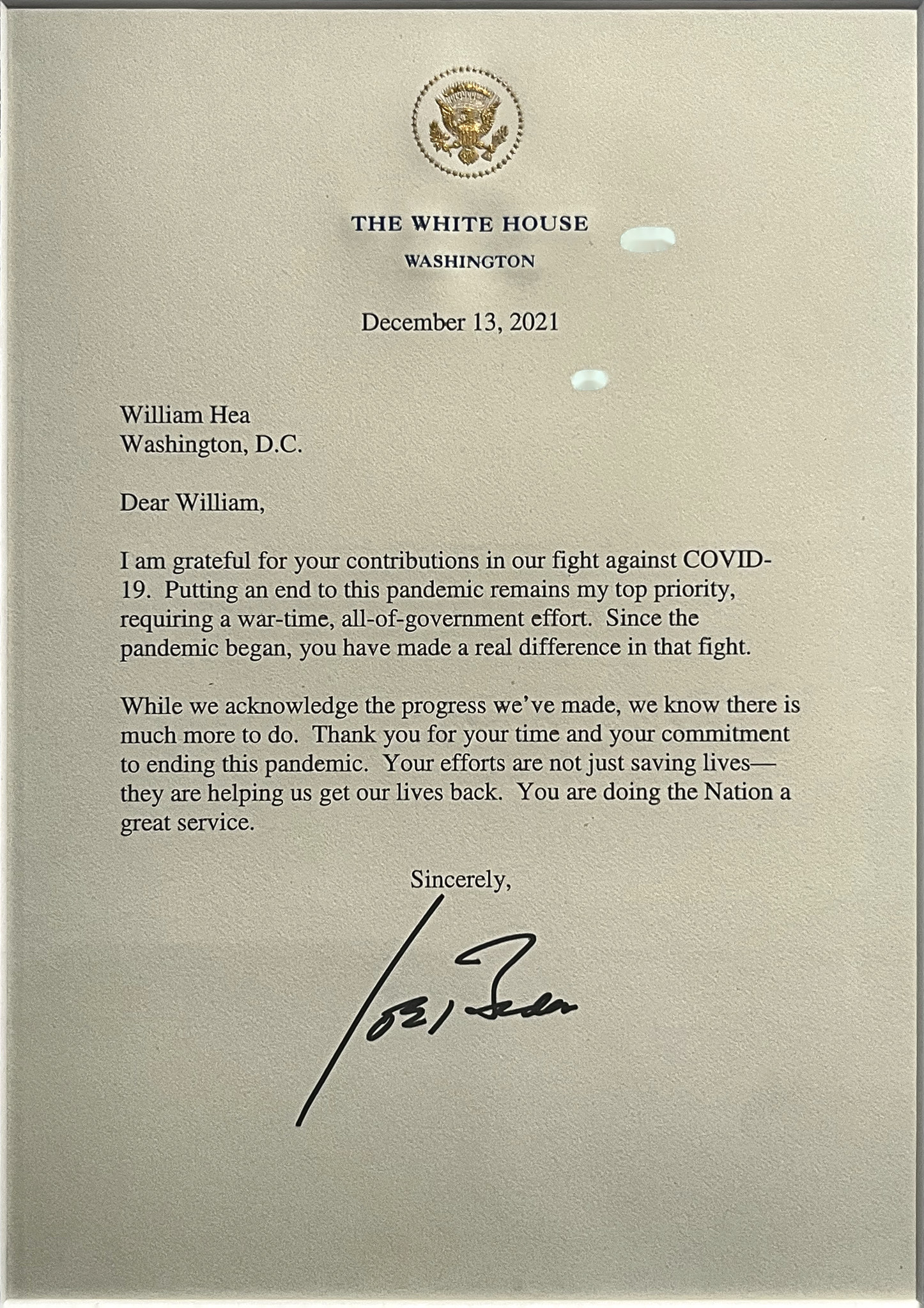Letter from The White House recognizing Will Hea's contributions to the COVID-19 response, signed by President Joseph Biden