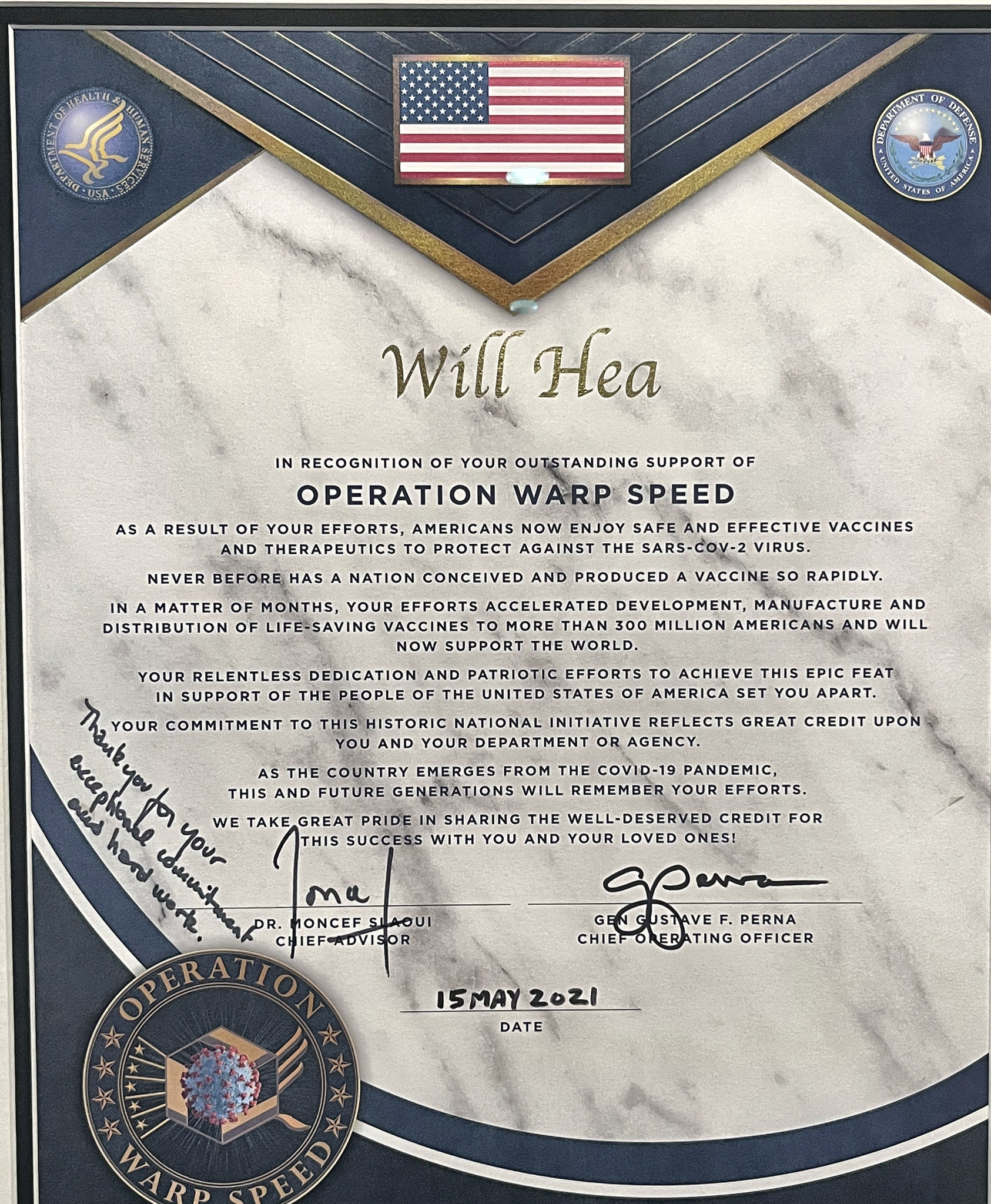 Operation Warp Speed Letter of Commendation awarded to Will Hea, signed by General Gustave F. Perna